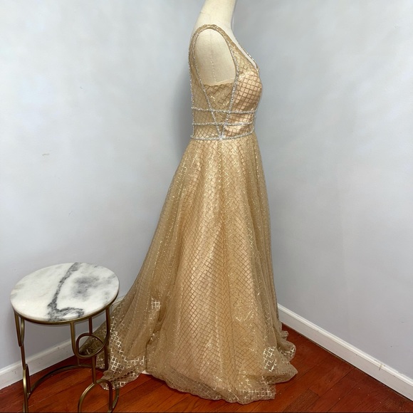 # Mac Duggal Gold Sequin Illusion Neck A Line Gown - Picture 6 of 17